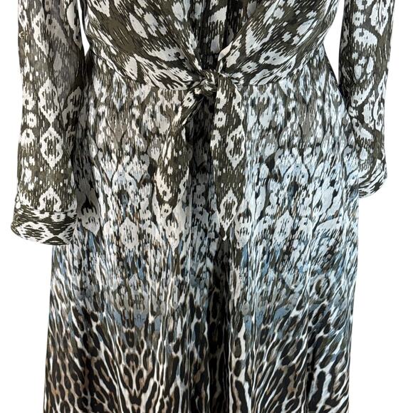 Donna Ricco Green Black Sheer Geometric Animal Tie Front Long Sleeve Dress 12 - Picture 2 of 9